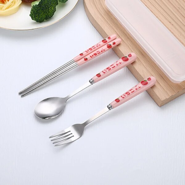 304 Tableware Set Portable Cutlery Set Dinnerware Set Strawberry Stainless Steel Knife Fork Spoon Travel Flatware With Box