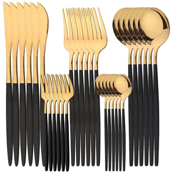 30Pcs Dinnerware Set Stainless Steel Dinner Knife Fruit Fork Spoon Black Gold Cutlery Kitchen Tableware Silverware Sets