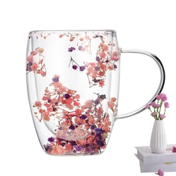 350ml Double Layer Glass Cup with Dry Flower Decoration and Exquisite Drinking Coffee Insulated Drinkware Gift for Girls Set