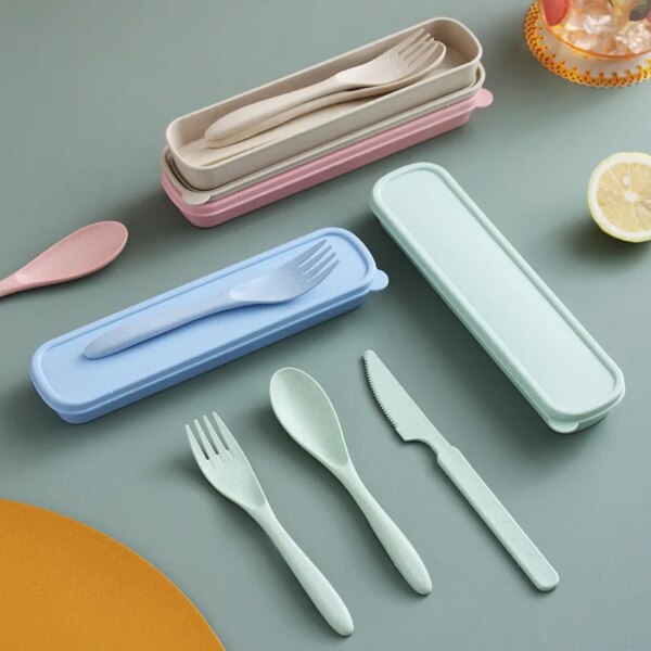 3Pcs Wheat Straw Dinnerware Set Portable Tableware Knife Fork Spoon Eco-Friendly Travel Cutlery Set Utensil Box Chopsticks Set