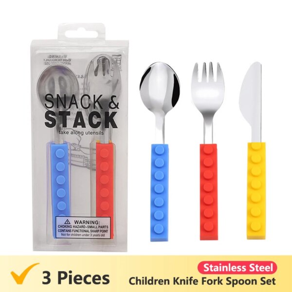 3pcs Stainless Steel Dinnerware Children Western Cutlery Set Knife Fork Spoon Dinner Tableware Silicone Building Blocks Handle