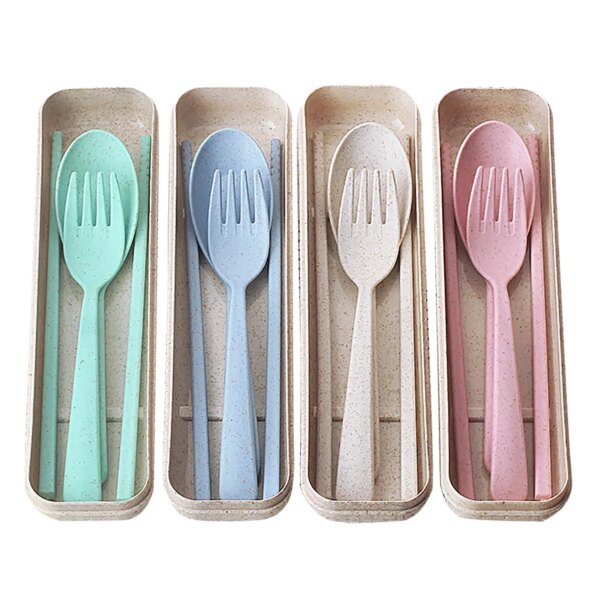 3pcs/set Travel Cutlery Portable Cutlery Box Japan Style Wheat Straw Spoon Chopstick Fork Student Dinnerware Sets Kitchen Tablew