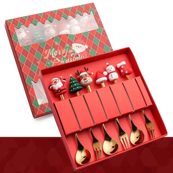 4/6Pcs Christmas Cutlery Set Elk Christmas Tree Snowman Decoration Coffee Spoons Fruit Fork Dessert Spoon Tableware Gift