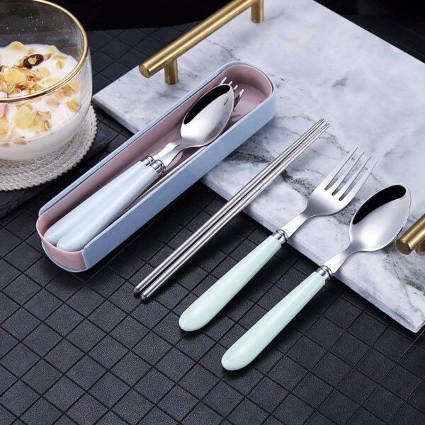 410 Stainless Steel Chopsticks Tableware Portable Fork Spoon Student Office Worker Three-piece Cute Storage Box cutlery set