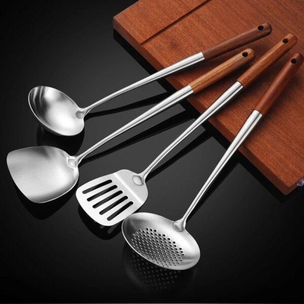 4Pcs Stainless Steel Spatula Spoon Wood Handle Cooking Shovel Ladle Kitchen Utensils Baking Cooking Tools Kitchenware Cookware