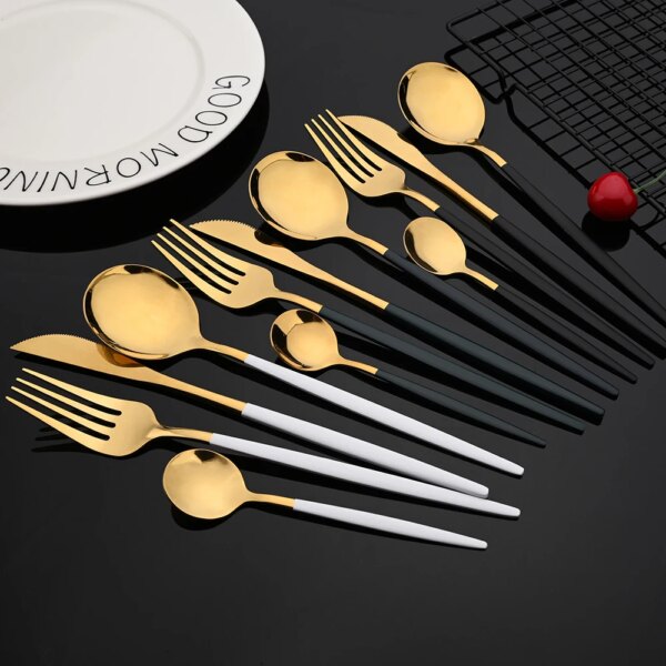 4Pcs Tableware Set Stainless Steel Black Gold Cutlery Fork Set Dinnerware Sets Coffee Teaspoon Utensils Kitchen Accessories