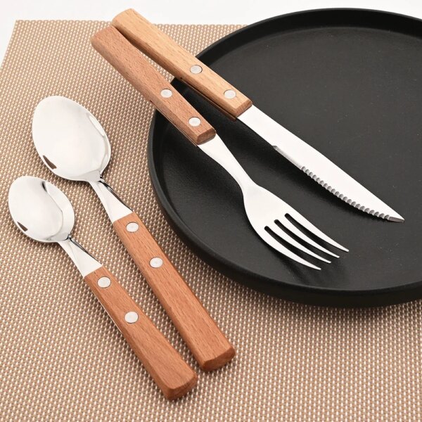 4Pcs Wooden Handle Cutlery Set Mirror 304 Stainless Steel Dinnerware Wood Handle Spoon Knife Fork Dinner Tableware Set Kitchen