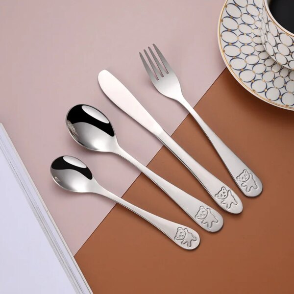 4pcs/Set Baby Teaspoon Spoon Food Feeding Fork Knife Utensils Stainless Steel Kids Learning Eating Habit Children Tableware