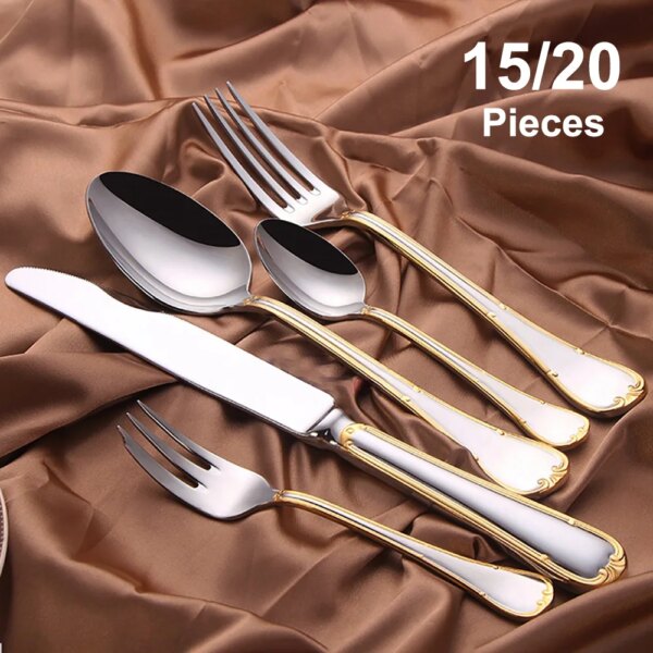 5/10/15/20pcs Sliver Cutlery Gold Plated Western Tableware Stainless Steel Dinner Set Mirror Knife Fork Spoon Dishwasher Safe