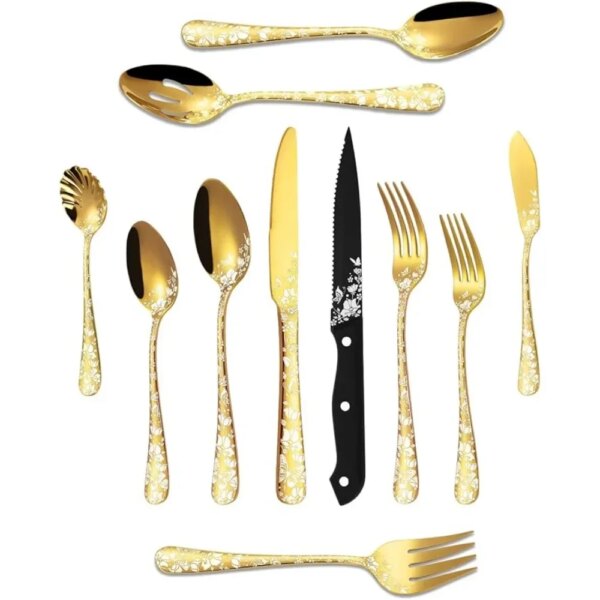 53-Piece Gold Silverware Set Serving,Stainless Steel Gold Flatware Cutlery Sets,Mirror Eating Utensils Tableware Dishwasher Safe