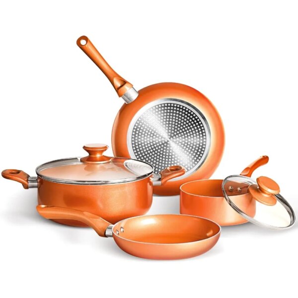 6-piece Non-stick Cookware Set Pots and Pans Set for Cooking - Ceramic Coating Saucepan, Stock Pot with Lid, Frying Pan, Copper