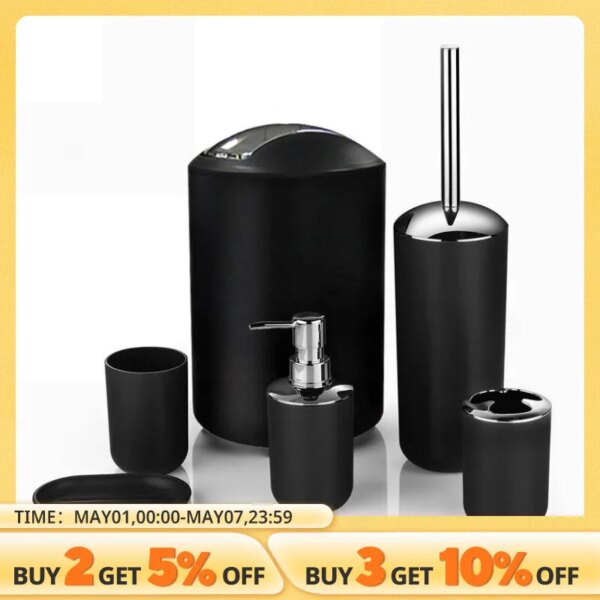 6PCS Black Plastic Bathroom Items Toothbrush Holder Soap Box Toilet Brush Bathroom Storage And Toiletry Set