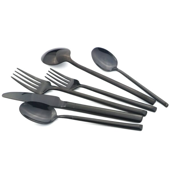 6Pcs Black Cutlery Set Stainless Steel Flatware Dinnerware Set Knife Dessert Fork Coffee Spoon Tableware Home Kitchen Silverware