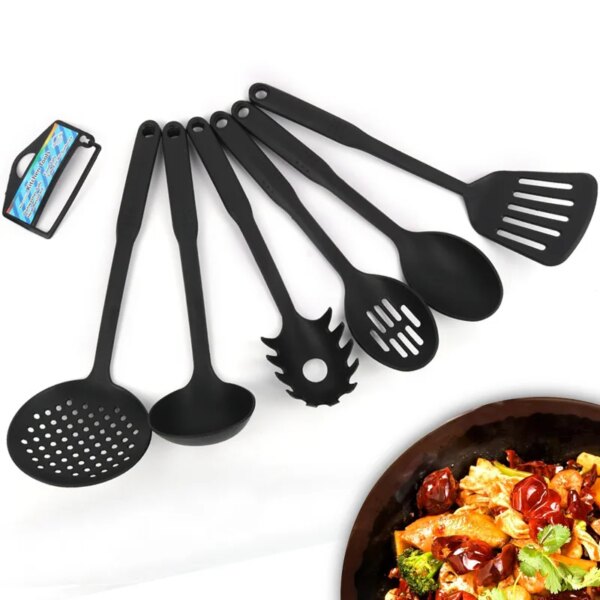 6Pcs Black Nylon Kitchen Cooking Utensil Set for Nonstick Cookware Plastic Handles Stand Cooking Tool Food Gadget Accessories