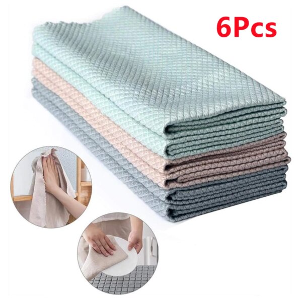 6Pcs Fish Scale Rag Microfiber Glass Cleaning Cloth Kitchen Dishcloths Super Absorbent Oil-proof Washing Rag