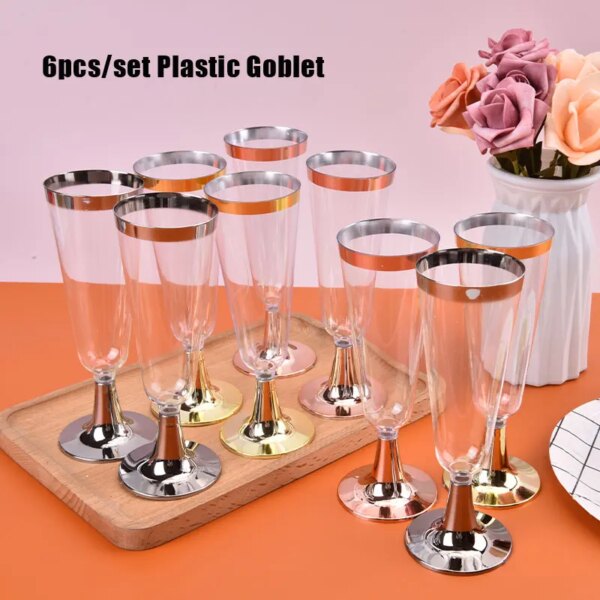 6Pcs/Set Disposable Red Wine Glass Plastic Champagne Flutes Glasses Cocktail Goblet Wedding Party Supplies Bar Drink Cup 150ml