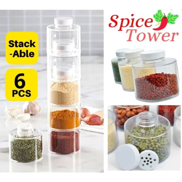 6Pcs/Set Spice Jar Pepper Shaker Box Spice Tower Herb & Spice Tools Transparent Seasoning Cans Kitchen Rack Condiment Bottles