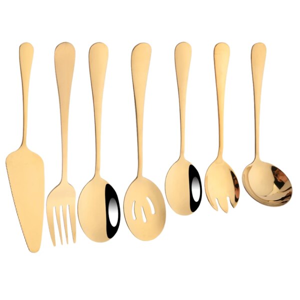 7Pcs Gold Stainless Steel Dinnerware Set Soup Spoon Colander Spoon Service Spoon Salad Fork Cake Spatula Kitchen Home Tableware