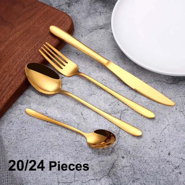 8/12/16/20/24Pcs Gold Tableware Stainless Steel Cutlery Set Western Dinner Set Mirror Knife Spoon Fork Kitchen Untensils