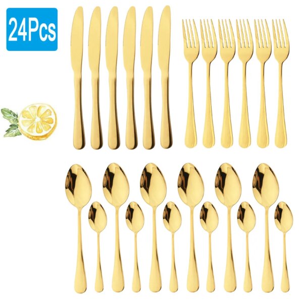 8/16/24Pcs Cutlery Set Stainless Steel Tableware Knives Forks Spoons Golden Dinnerware Set Flatware Kitchen Western Silverware