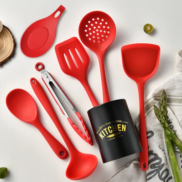 8Pcs Red Silicone Kitchenware Utensils Set Non-stick Pot Shovel Soup Spoon Colander Rice Spoon Cookware Set Kitchen Gadget