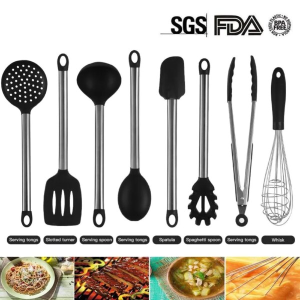 9Pcs Silicone Cooking Utensils Set Stainless Steel Handle Kitchen Utensil Set with Storage Box Serving Spatula Spoon Tongs Whisk