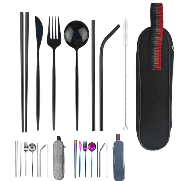 9Pcs/set Portable Dinnerware Set Reusable Travel Cutlery Stainless Steel Knife Spoon Fork Chopsticks Straw Camp Tableware Set