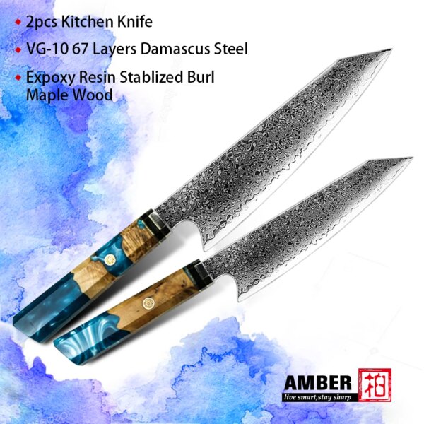 AMBER Kitchen Knives Japanese Damascus Steel 8 Inch Chef Kiritsuke Knife Set Resin Stablized Burl Wood Handle VG10 Cleaver