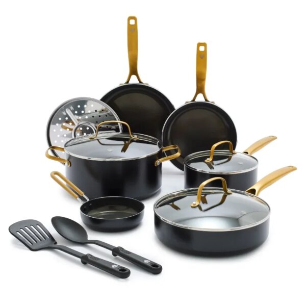 Andralyn Blue Diamond Gold Edition Ceramic Nonstick 12 Piece Cookware Set, PFAS-Free, Goldcookware  pots and pans set