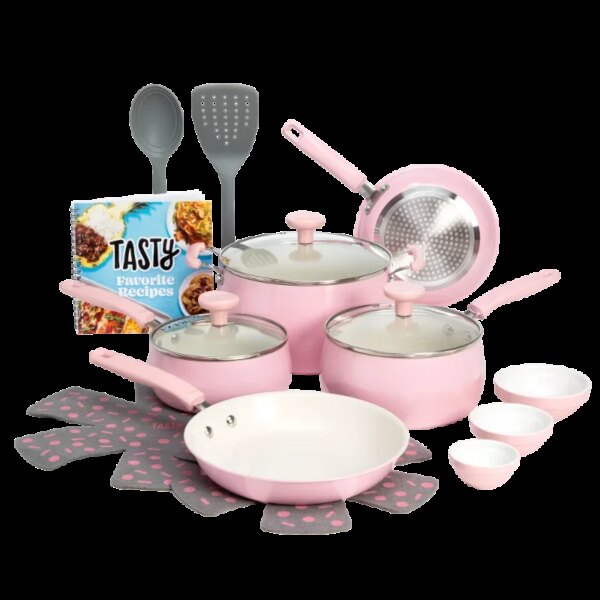 Andralyn Tasty Clean Ceramic 16 Piece Non-Stick Aluminum Cookware Set, Pink pots and pans