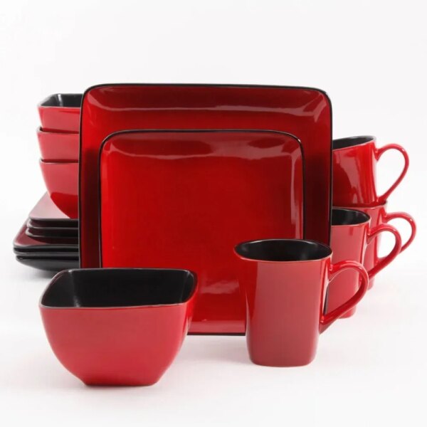 BOUSSAC 32-Piece Square Dinnerware Set, Red Serving Ware Kitchen Dish Dinner Plates