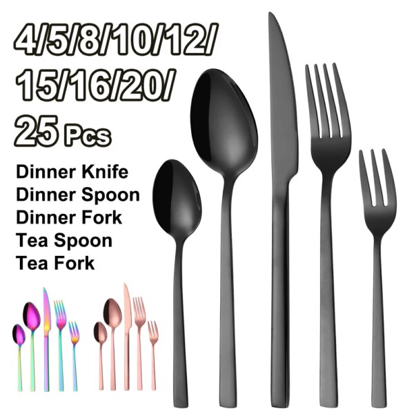 Black Cutlery Stainless Steel Western Tableware Mirror Knife Fork Spoon Dinnerware Kitchen Utensils 1/2/3/4/5 Set Flatware