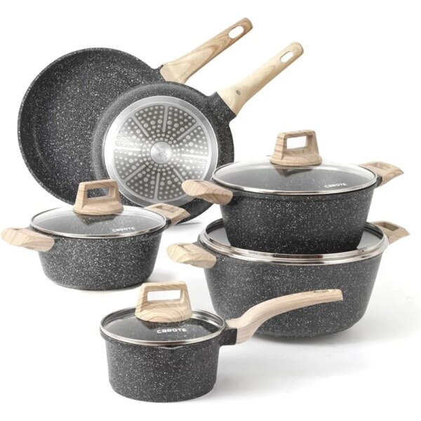 Carote Nonstick Granite Cookware Sets 10 Pcs Stone ,non stick frying pan set, pots pans set (Granite, induction cookware)