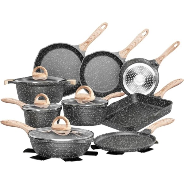 Cast Iron Cookware Bbq Pots and Pans Set Nonstick 23pcs Home Appliance Induction Cooking Set W/Gray Granite Stone Frying Pans