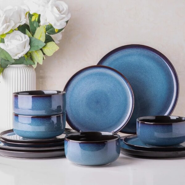 Ceramic Dinnerware Sets of 4,Poreclain Plates and Bowls Sets,Handmade Reactive Glaze Dishes Set,Chip Resistant