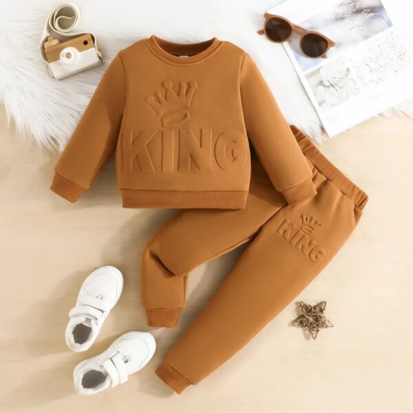 Clothing Set For Kid Boys 9 Months-6 Years old Long Sleeve Cute King Letter Tees tops and Long Pants Blue Outfit for Baby Boys