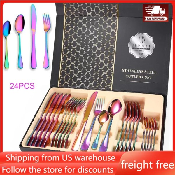 Colorful Silverware Set, 24-Piece Stainless Steel Rainbow Flatware Set, Cutlery Utensils Set Service for 6,  Dishwasher Safe