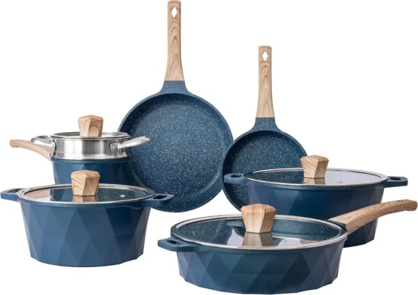 Country Kitchen Induction Cookware Sets - 13 Piece Nonstick Cast Aluminum Pots and Pans with BAKELITE Handles, Glass Lids (Navy)