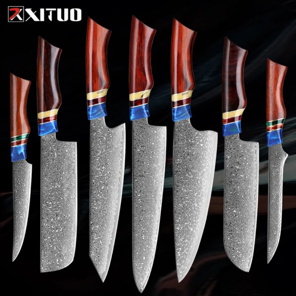 Damascus Kitchen Chef Knife Set 1-7PCS Pro Japanese Knife VG10 Steel Cutting Knife Utility Knife Sharp Knives Sandalwood Handle