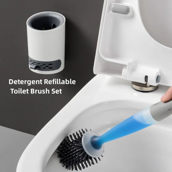 Detergent Refillable Toilet Brush Set Wall-Mounted with Holder Silicone TPR Brush for Corner Cleaning Tools Bathroom Accessories