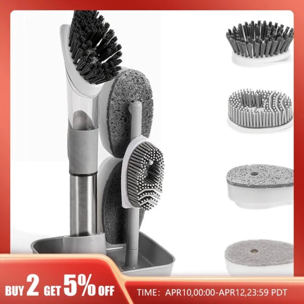 Dish Cleaning Brush, Soap Dispensing Dish Brush Set With 4 Replacement Heads And Storage Holder, Kitchen Scrub Brush Cleaning