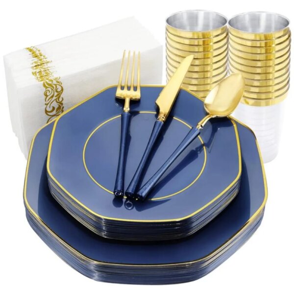 Disposable Dinnerware Set, 140Pcs  Plastic Plates, with Blue Handle&Clear Gold Cups&Hand Napkin, Disposable Dinnerware Set