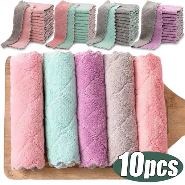 Double-layer Kitchen Cleaning Cloth Microfiber Towels Soft Absorbent Non-stick Oil Towel Rags Household Dish Cloths Clean Tools