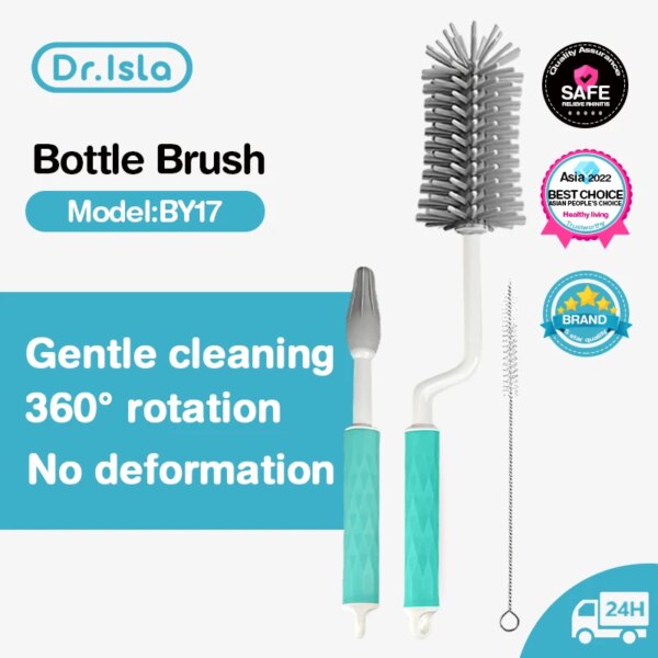 Dr.isla Efficient Baby Bottle Brush Silicone Milk Bottle Brush 3 in 1 Soft Silicone 360 Degrees Rotate Milk Bottle Cleanning