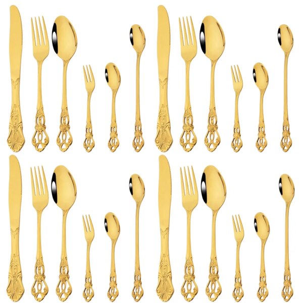 Drmfiy 24Pcs Gold Luxury Dinnerware Stainless Steel Flatware Vintage Western Set Tableware Knife Coffee Spoon Fork Cutlery Set