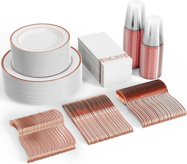 FOCUSLINE 350pcs Rose Gold Dinnerware Set for 50 Guests, Rose Gold Rimmed Plastic Plates Disposable, 50 Dinner Plates