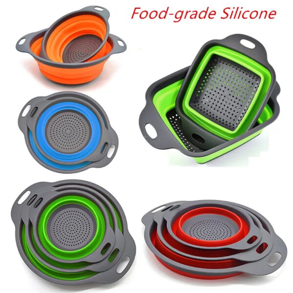 Folding Silicone Drain Basket Fruit Vegetable Washing Basket Foldable Strainer Colander Collapsible Drainer Kitchen Storage Tool