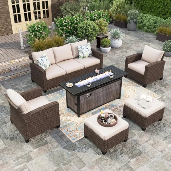 Furniture Set with Fire Pit Table,6 Pieces Outdoor Wicker Conversation Set for Garden, Poolside, Backyard Mesa Plegable Jardin