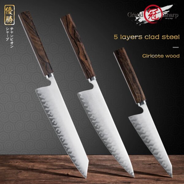 Grandsharp 1-3Pcs Chef Knife Set Japanese Hand-Forging 5 Layers Clad Steel Sushi Filleting Cleaver Kitchen Knives Wooden Handle