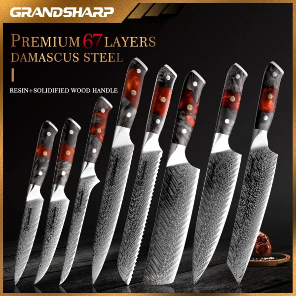 Grandsharp Japanese Kitchen Knife Set Real Damascus Chef Knifes Utility Boning Knives Meat Slicer Fruit Cutter Cooking Tools